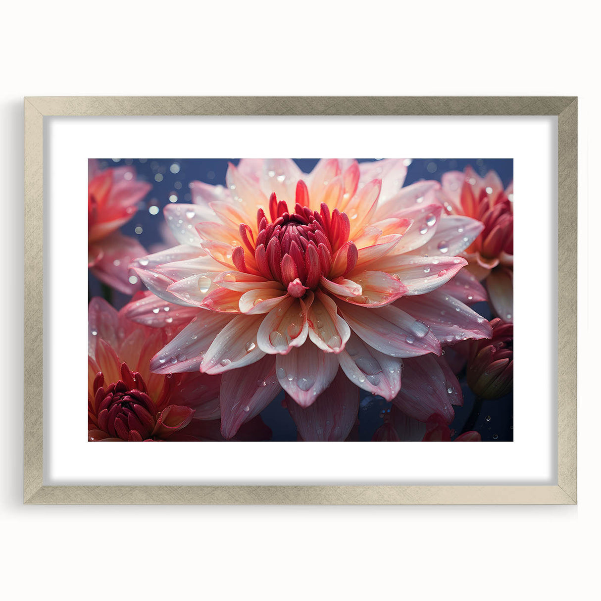 Framed botanical wall art showcasing a vibrant dahlia design in a silver frame with a mat, perfect for home decor or floral-themed interiors. The artwork emphasizes rich colors and intricate details, enhancing any living space.