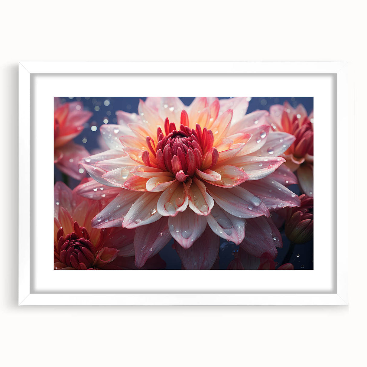 Botanical dahlia wall art collection featuring a framed design with a white mat, showcasing intricate floral details in soft pink and green hues, ideal for home decor.