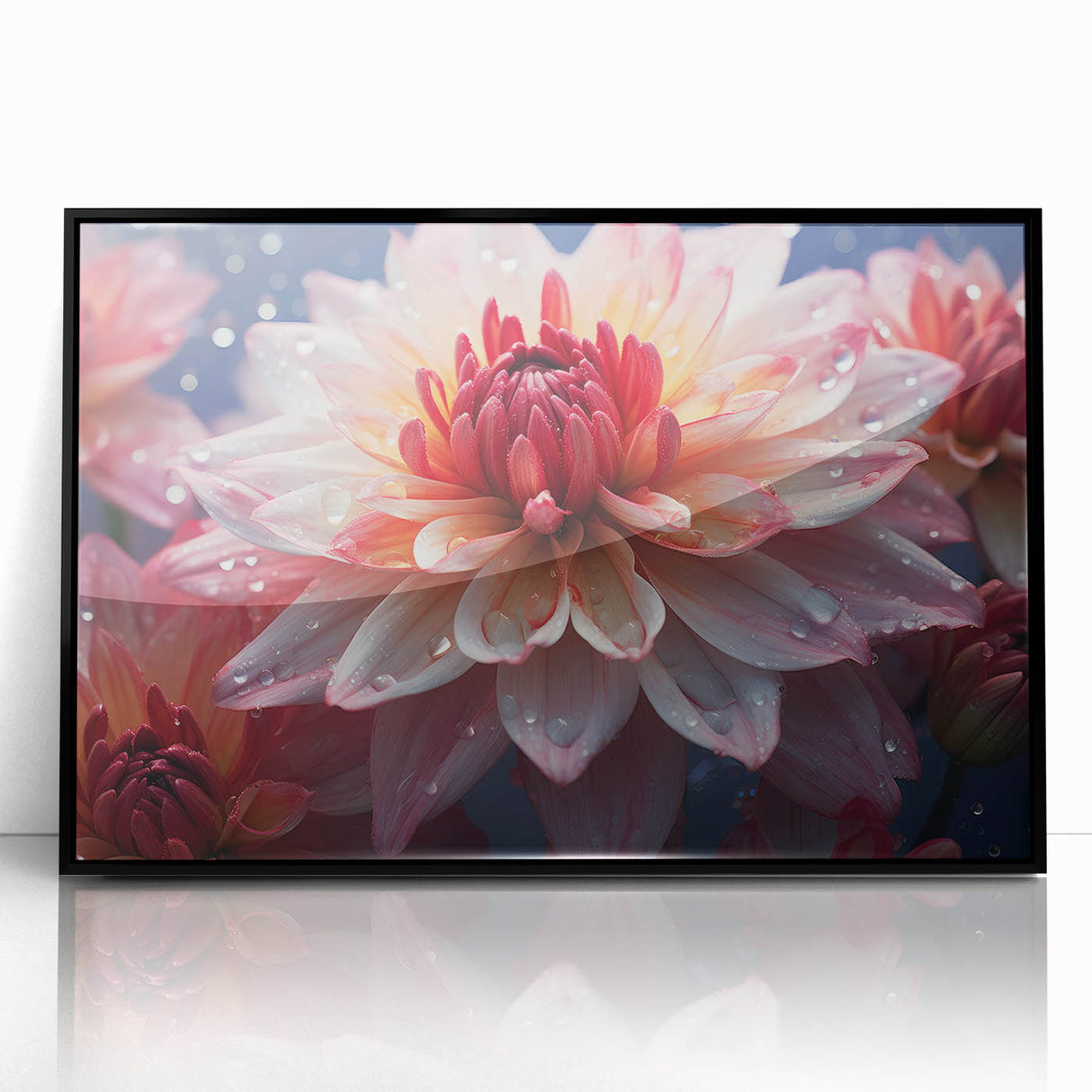 Framed wall art featuring a vibrant botanical dahlia design, showcasing intricate floral details in rich colors, set against a sleek black frame for modern decor.