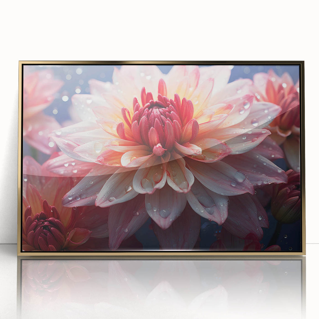 Framed wall art featuring a botanical dahlia design with vibrant colors and a gold-acrylic frame, perfect for enhancing home decor and adding elegance to interior spaces.