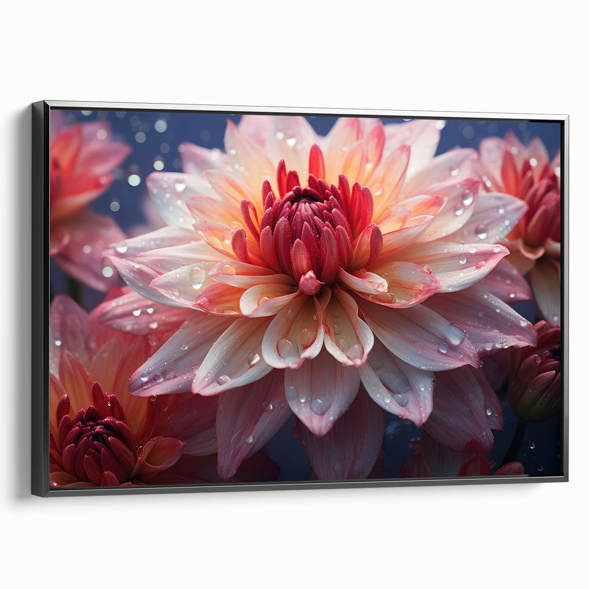 Framed black canvas wall art showcasing a detailed botanical dahlia design, emphasizing vibrant colors and intricate floral patterns, perfect for home decor.