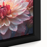 Close-up of a vibrant dahlia botanical wall art design, showcasing rich colors and intricate details on a framed canvas, perfect for home decor.