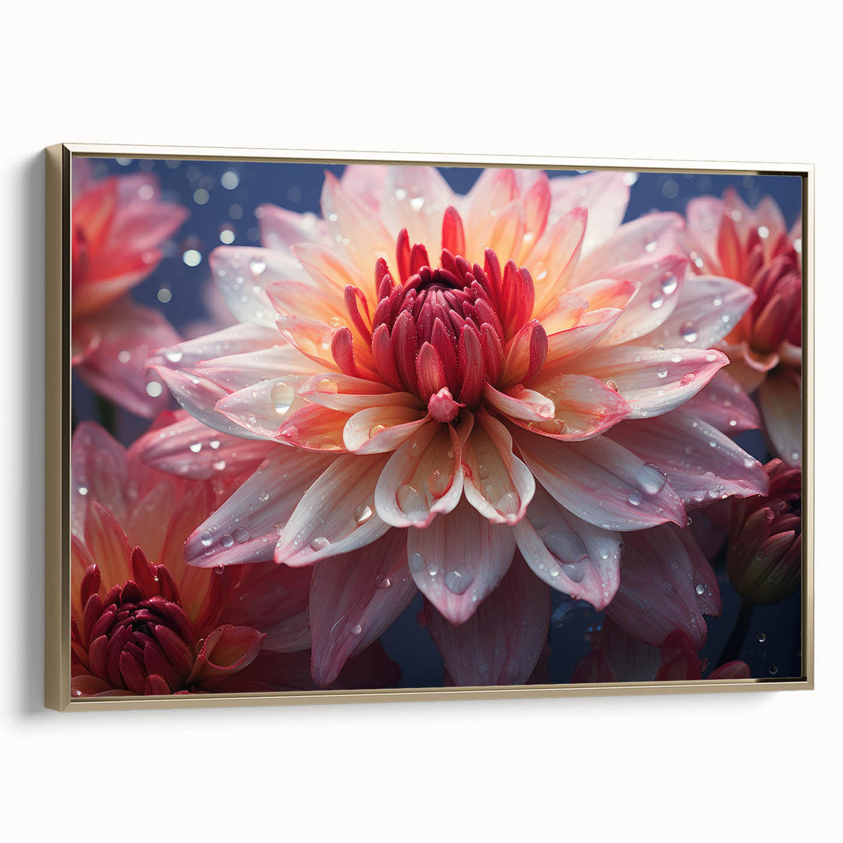Framed wall art of a botanical dahlia design, showcasing vibrant floral colors and intricate details, presented in a stylish gold frame, perfect for home decor.