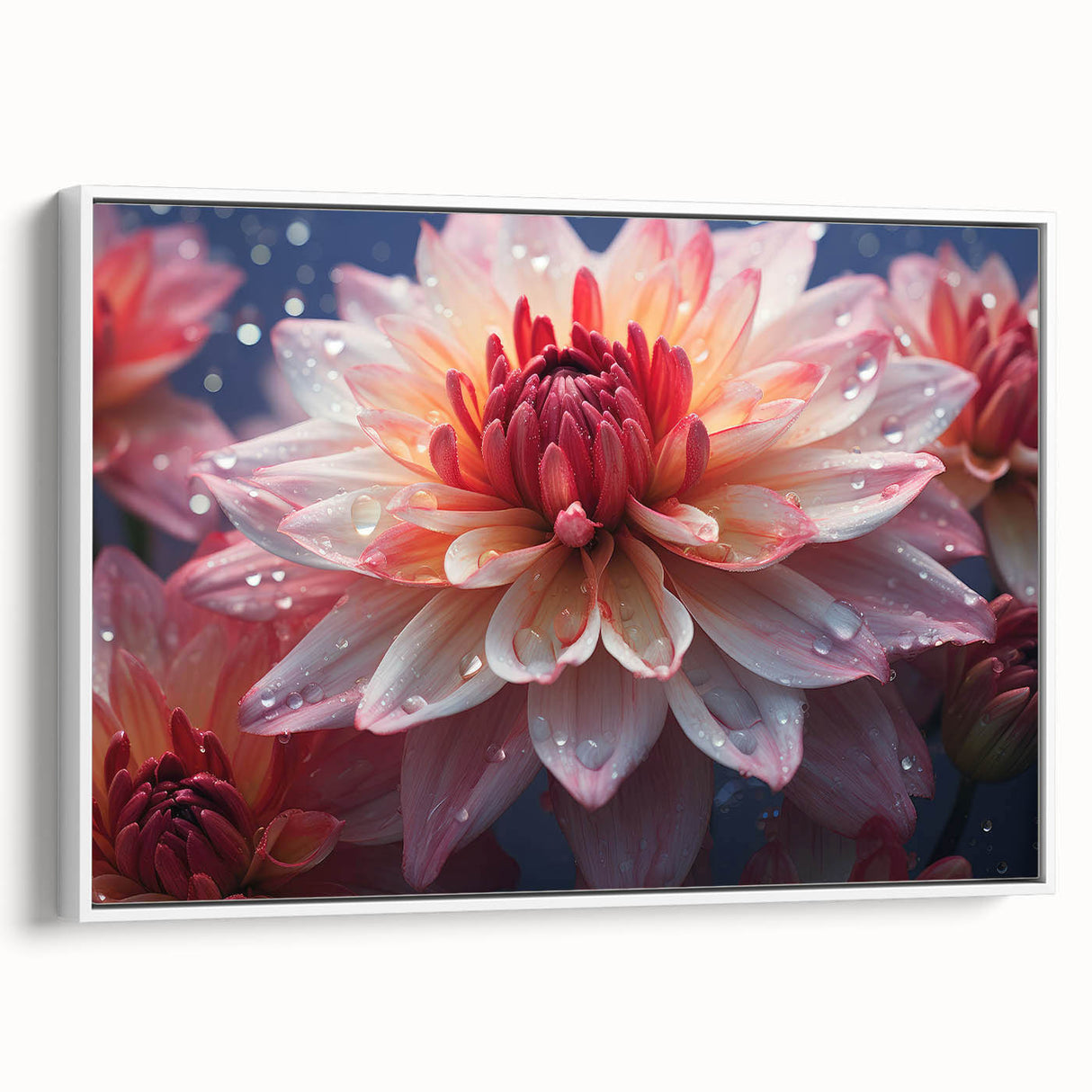 Framed canvas wall art showcasing a botanical dahlia design with vibrant pink and white flowers against a white background, perfect for home decor.