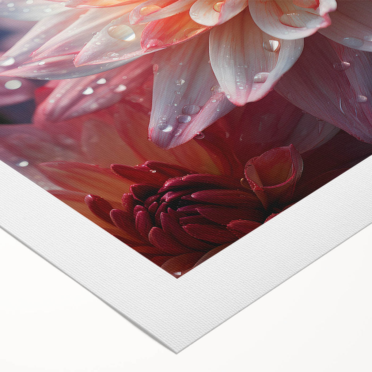 Botanical dahlia design on rolled canvas wall art, showcasing vibrant colors and intricate floral details, ideal for home decor or gifting.