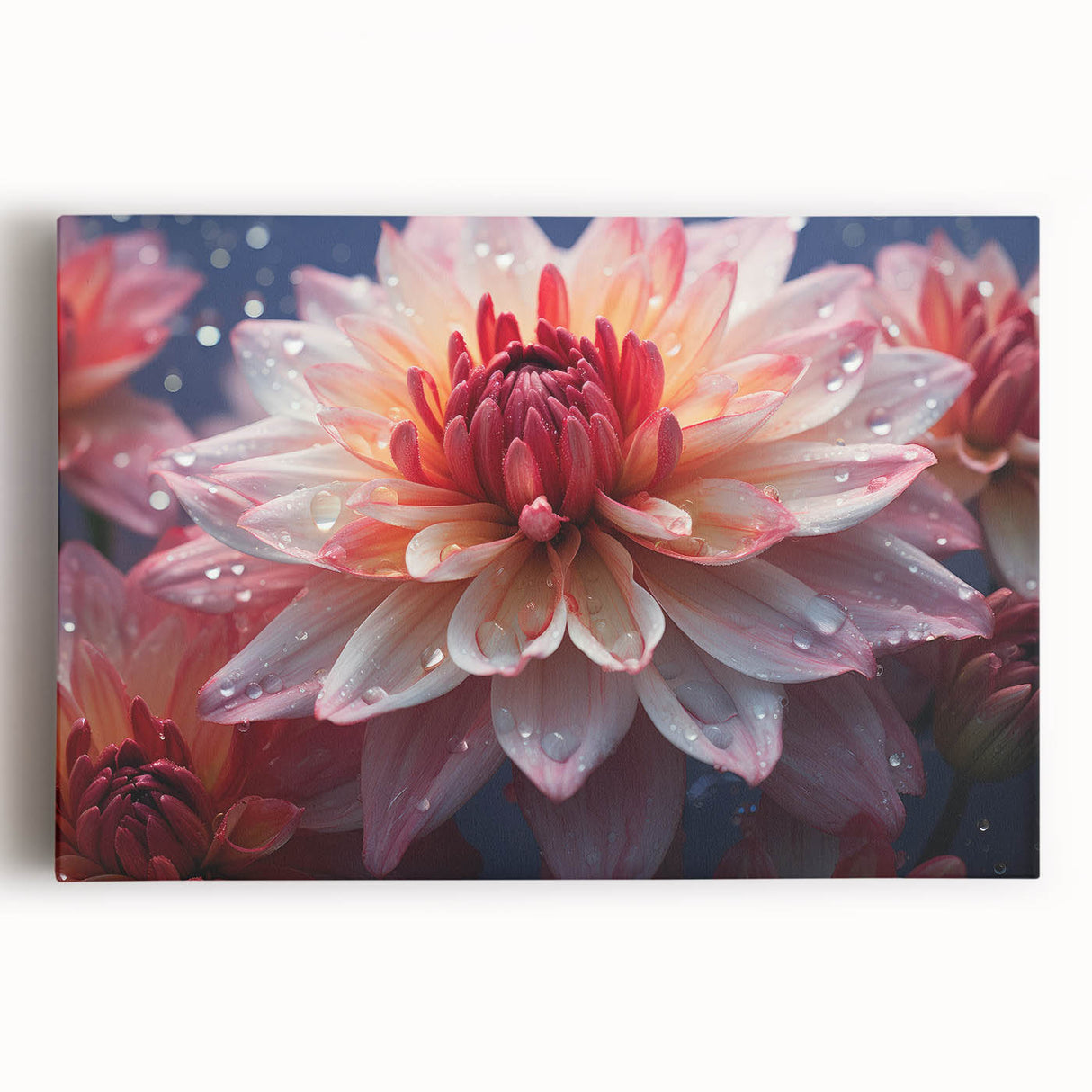 Stretched canvas wall art showcasing a vibrant botanical dahlia design with intricate petal details, perfect for enhancing home decor and creating a floral ambiance.
