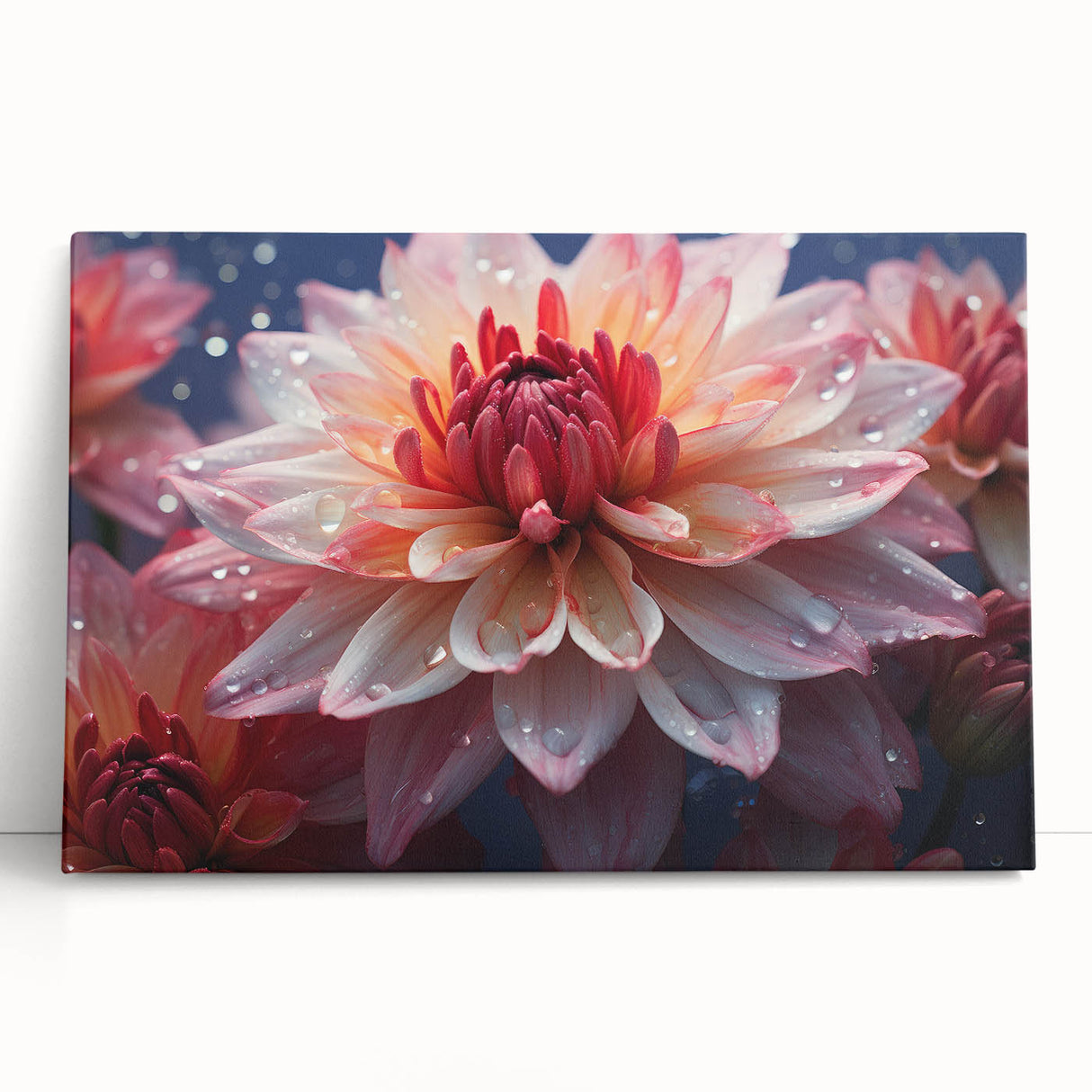 Stretched canvas wall art featuring a vibrant botanical design of dahlia flowers in soft pinks and greens, perfect for home decor and floral enthusiasts.