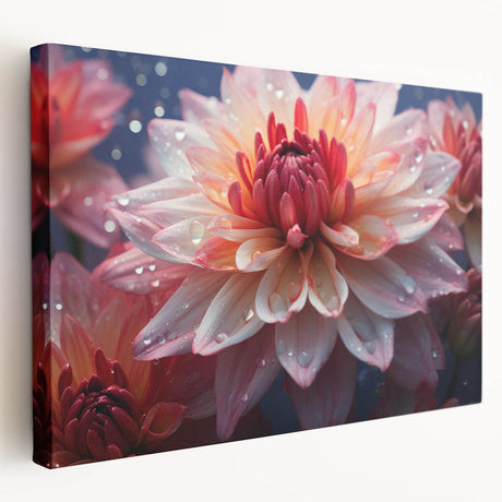Stretched canvas wall art featuring a vibrant botanical design of dahlias in various colors, showcasing intricate details and textures, ideal for home decor enhancement.