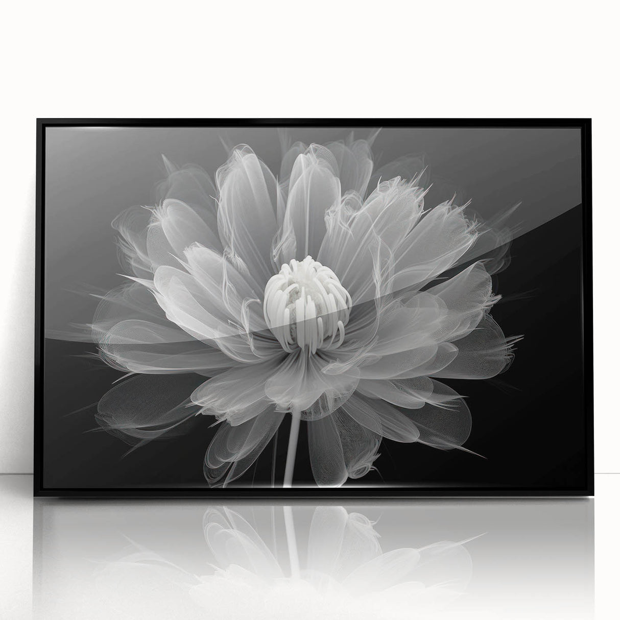 Framed black wall art featuring a vibrant botanical dahlia design, showcasing intricate floral details and rich colors, ideal for home decor enhancement.