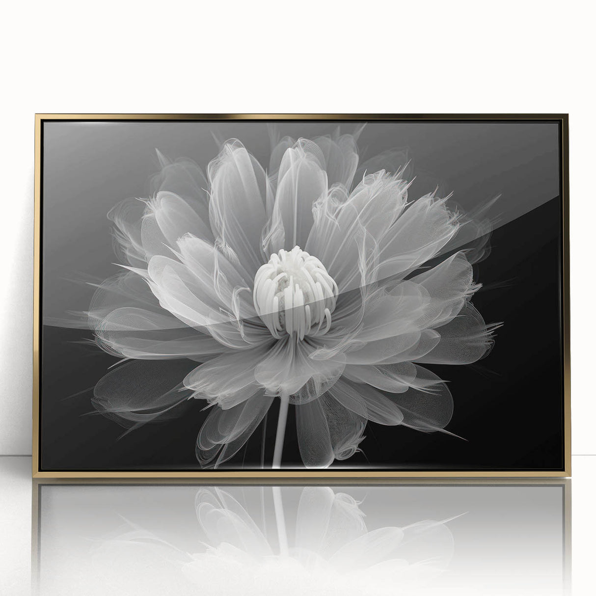 Framed wall art featuring a botanical design of vibrant dahlias in shades of pink and yellow, set in a stylish gold frame, perfect for home decor.