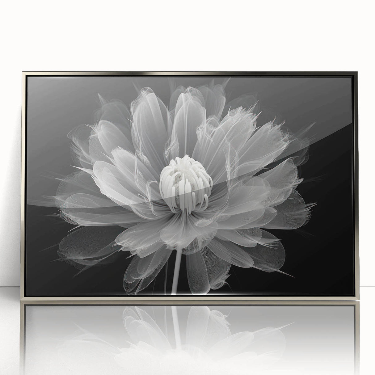 Framed wall art showcasing a vibrant botanical dahlia design in rich colors, set in a sleek silver-acrylic frame, ideal for modern home decor.