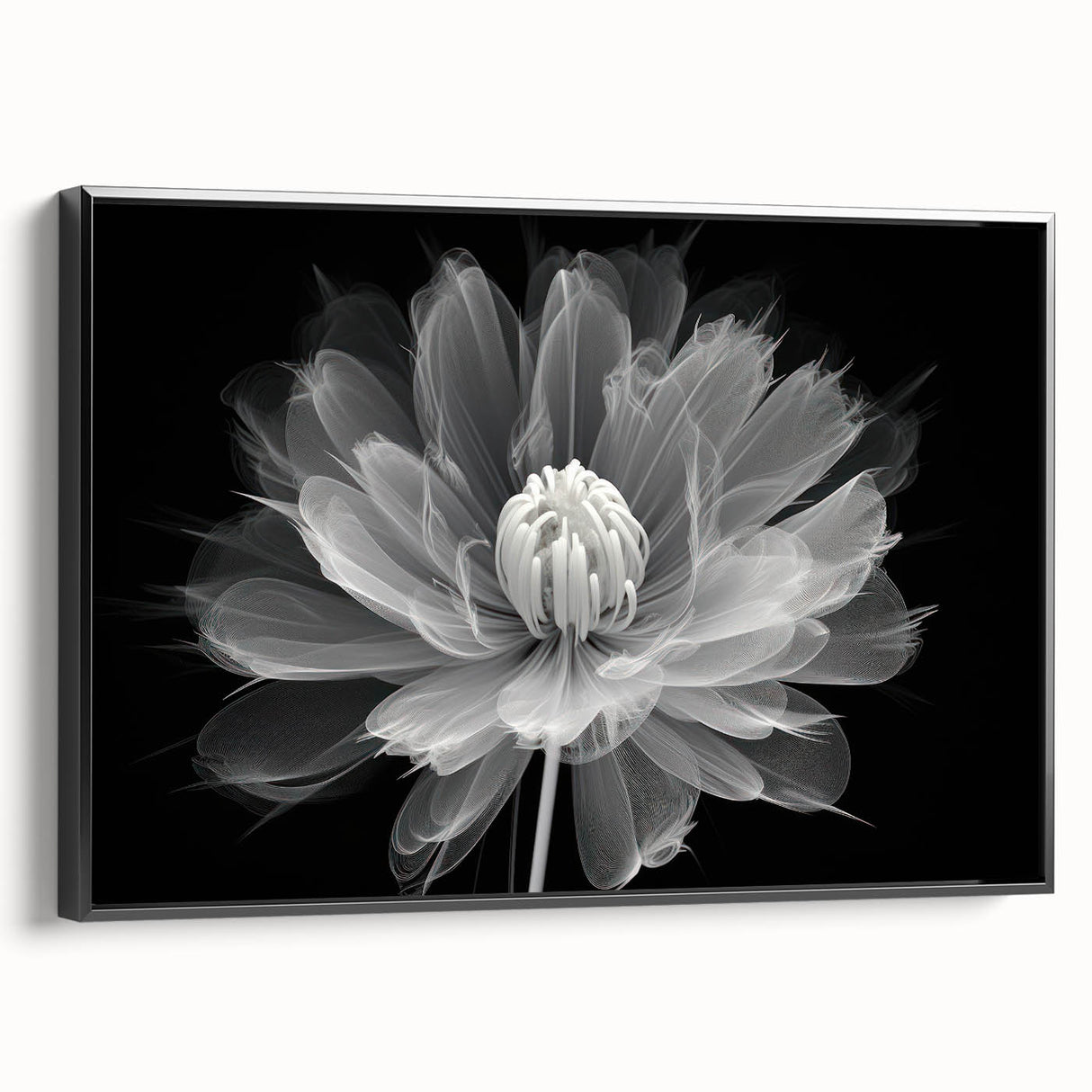 Framed canvas artwork showcasing a botanical dahlia design in vibrant colors, featuring a black frame and side view, perfect for enhancing home decor.