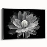 Framed canvas artwork showcasing a botanical dahlia design in vibrant colors, featuring a black frame and side view, perfect for enhancing home decor.
