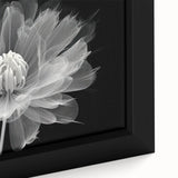 Close-up of a framed canvas wall art featuring a botanical dahlia design, showcasing vibrant pink and yellow petals against a soft background, perfect for home decor.