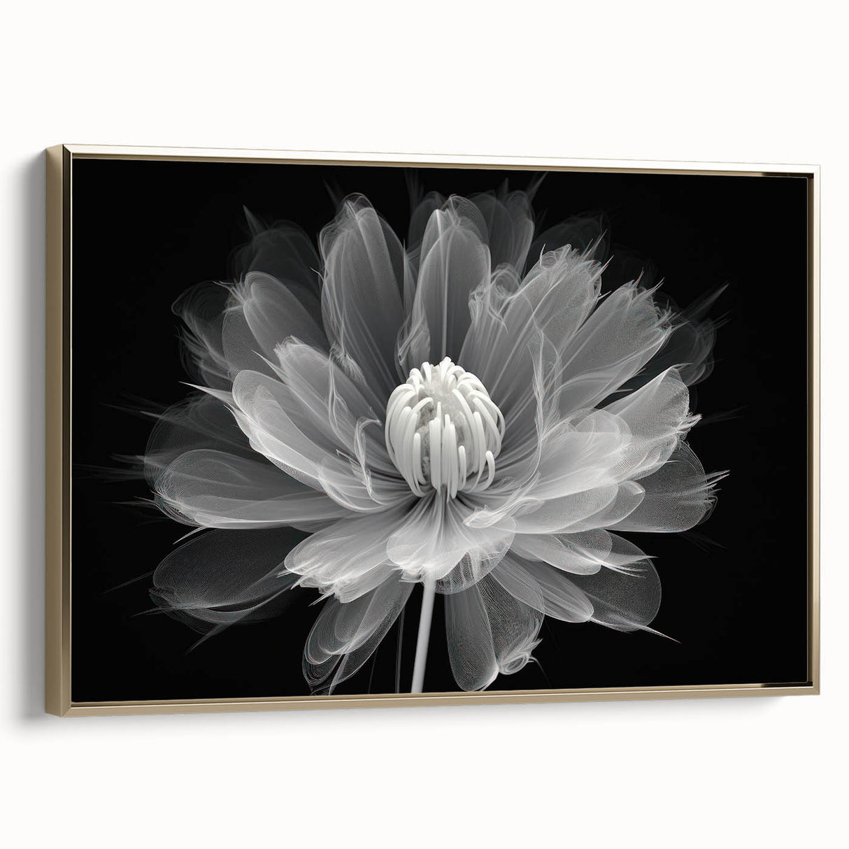Framed canvas wall art showcasing a botanical dahlia design with vibrant gold accents, perfect for enhancing home decor and adding elegance to any space.