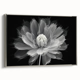 Framed canvas wall art showcasing a botanical dahlia design in vibrant colors, featuring a sleek silver frame and elegant side view, perfect for home decor.