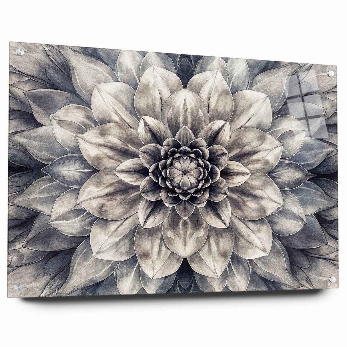 Vibrant botanical dahlia design wall art displayed in acrylic glass, showcasing rich colors and intricate details, perfect for enhancing home decor.