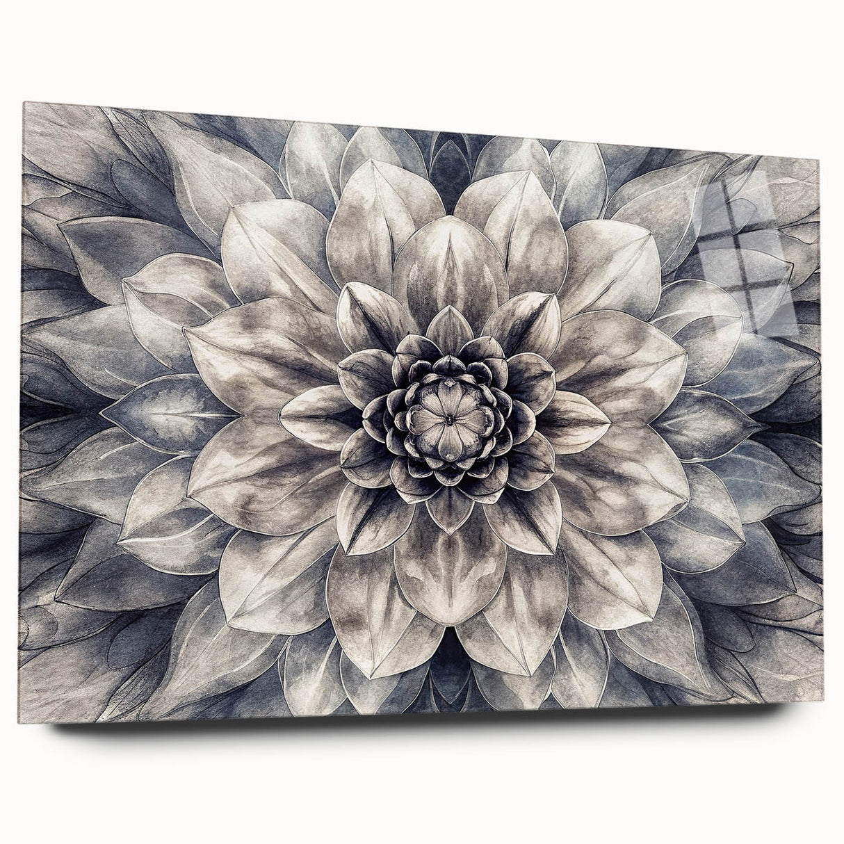 Stylish acrylic glass wall art featuring a botanical dahlia design, showcasing vibrant pink and white flowers in a modern side view, perfect for home decor.