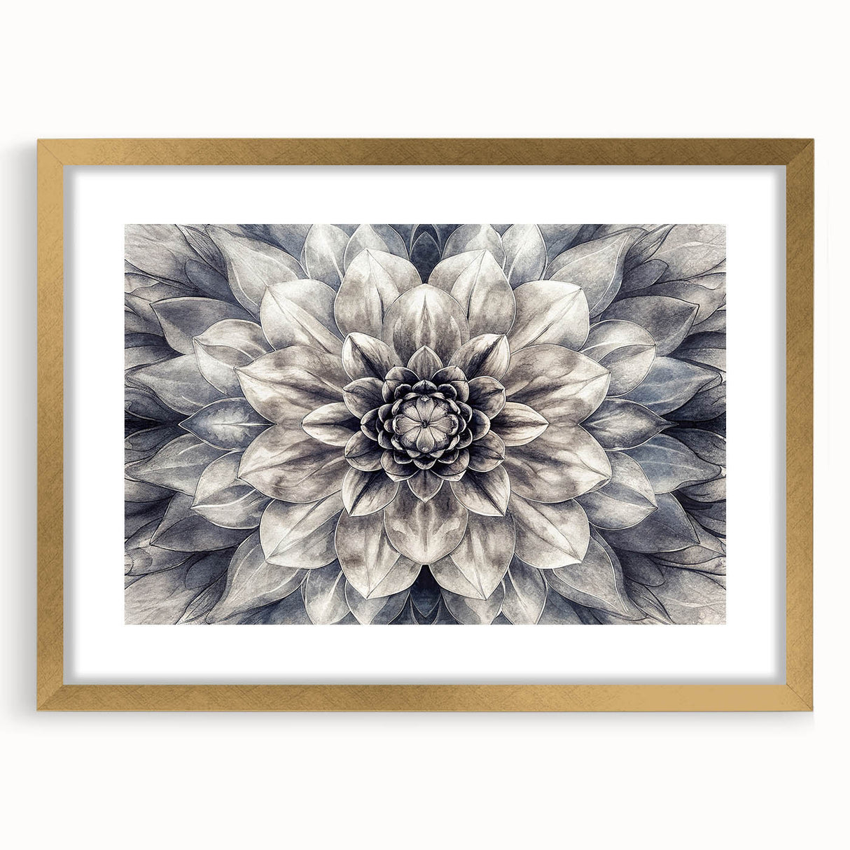 Elegant botanical dahlia wall art design framed in gold, showcasing vibrant floral details and a sophisticated mat, perfect for home decor enhancement.