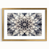 Elegant botanical dahlia wall art design framed in gold, showcasing vibrant floral details and a sophisticated mat, perfect for home decor enhancement.