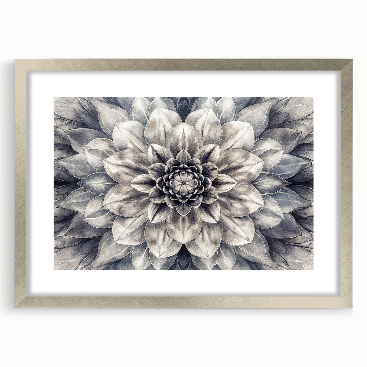 Botanical wall art featuring a stunning dahlia design framed in silver, showcasing vibrant colors and intricate details, perfect for enhancing home decor.