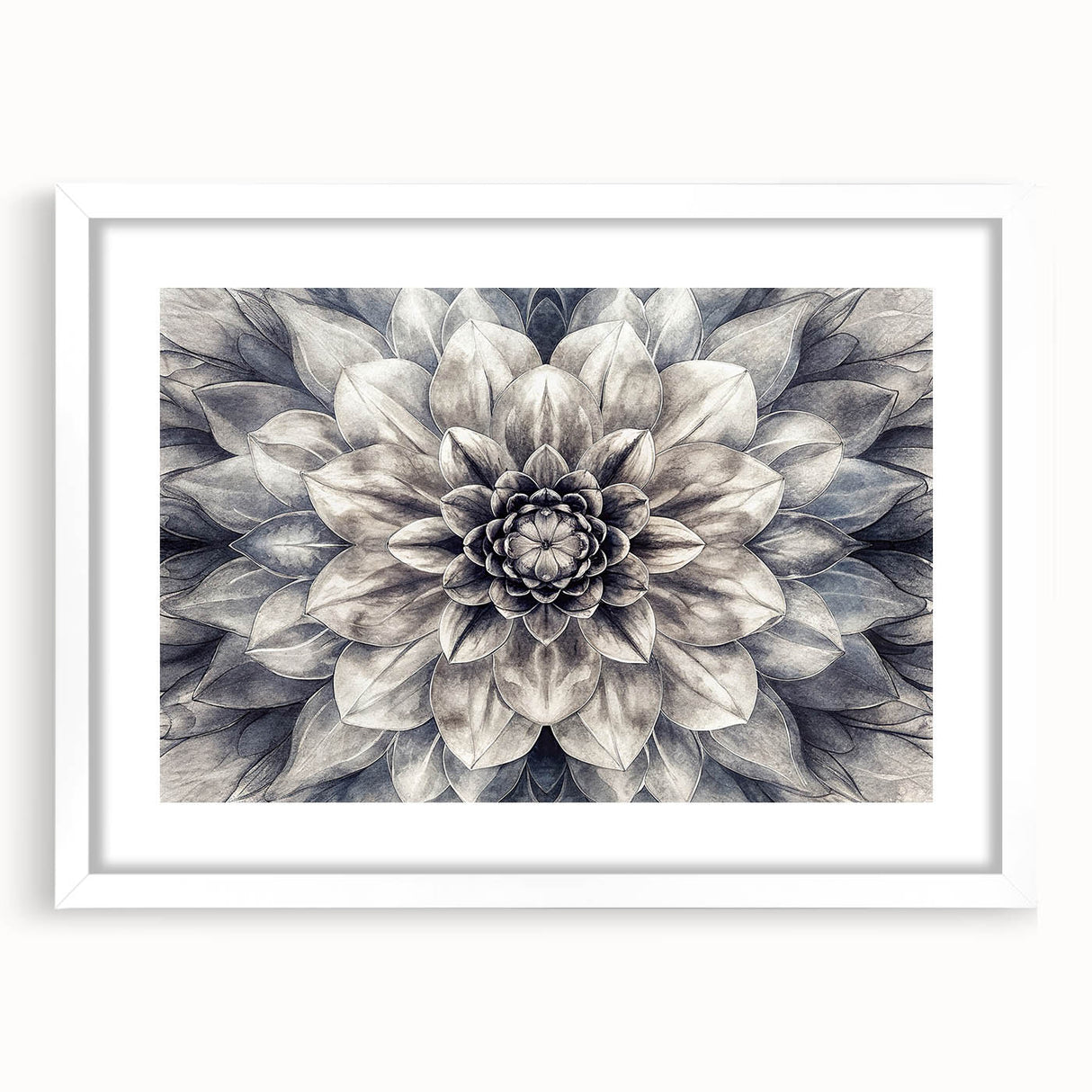 Botanical dahlia wall art design featuring intricate floral details in soft pastel colors, framed with a white mat, perfect for home decor or gifting.