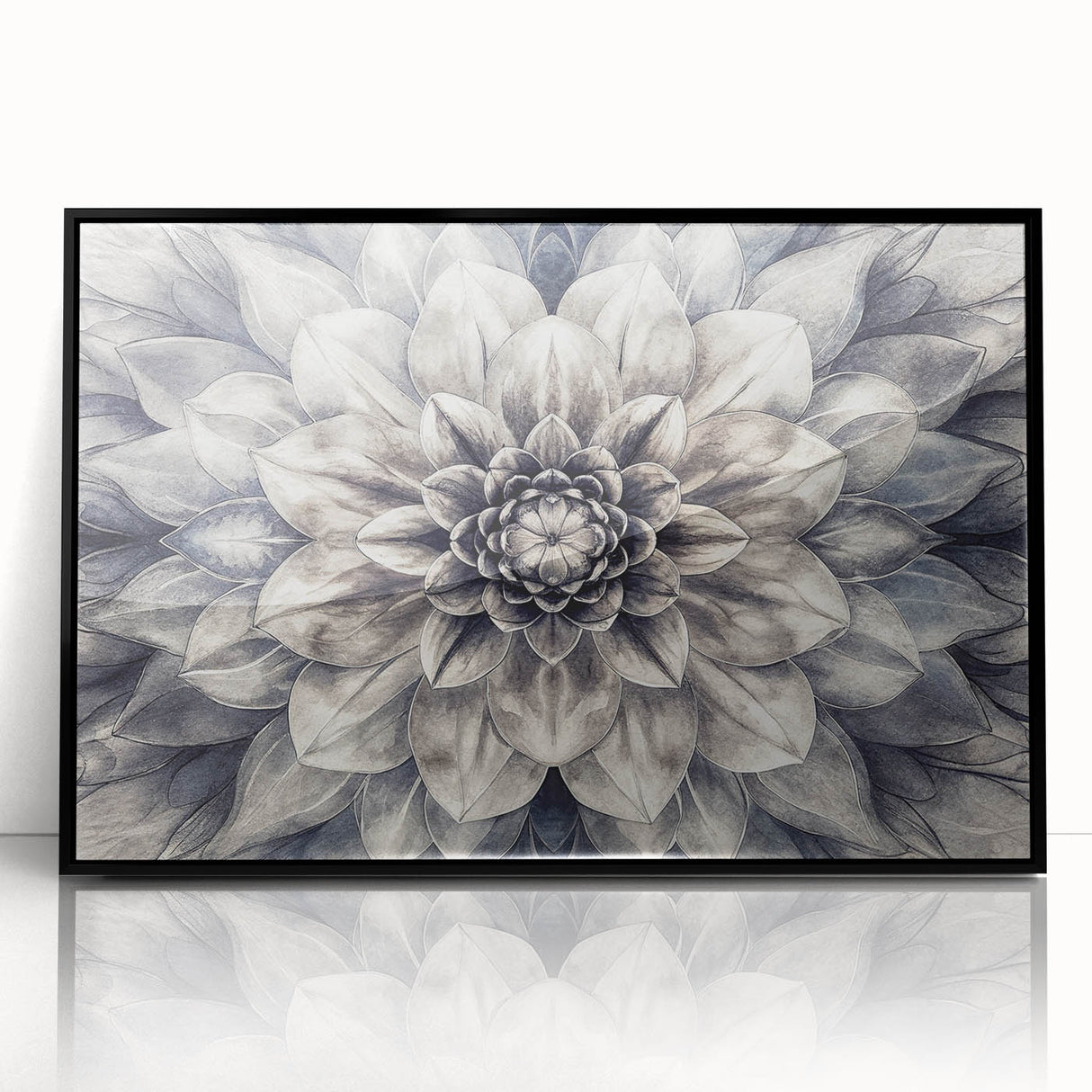 Framed wall art showcasing a vibrant botanical dahlia design in hues of pink and yellow, featuring a sleek black frame, perfect for enhancing home decor. Ideal for floral enthusiasts and art collectors alike, this piece adds elegance to any room.