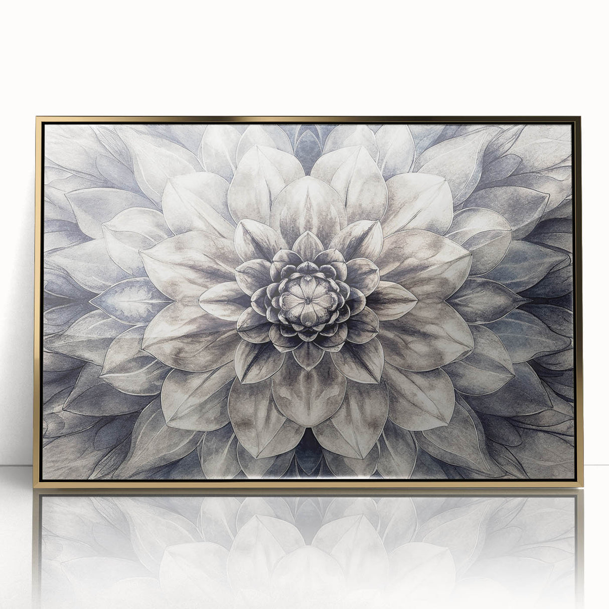 Framed acrylic wall art featuring a botanical dahlia design in vibrant colors, set in a sleek gold frame, perfect for enhancing home decor aesthetics.