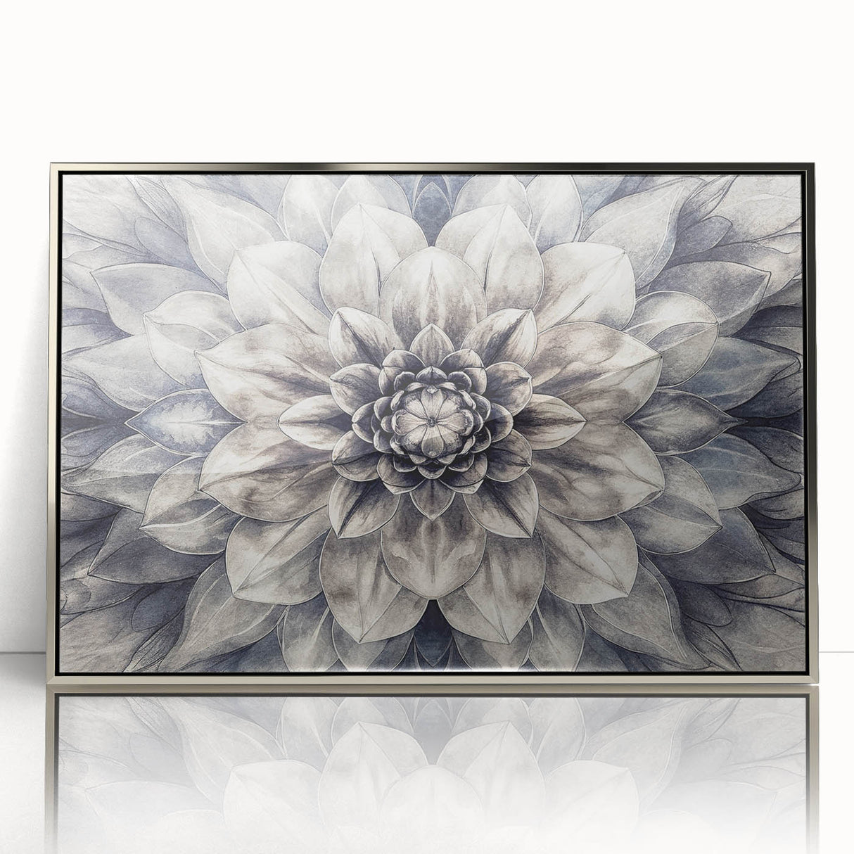 Framed acrylic wall art showcasing a botanical dahlia design in vibrant colors, elegantly presented in a sleek silver frame, perfect for home decor enhancement.