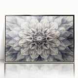 Framed acrylic wall art showcasing a botanical dahlia design in vibrant colors, elegantly presented in a sleek silver frame, perfect for home decor enhancement.