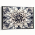 Framed botanical wall art featuring a vibrant dahlia design on canvas, displayed in a sleek black frame, highlighting its elegant side view and artistic detail.