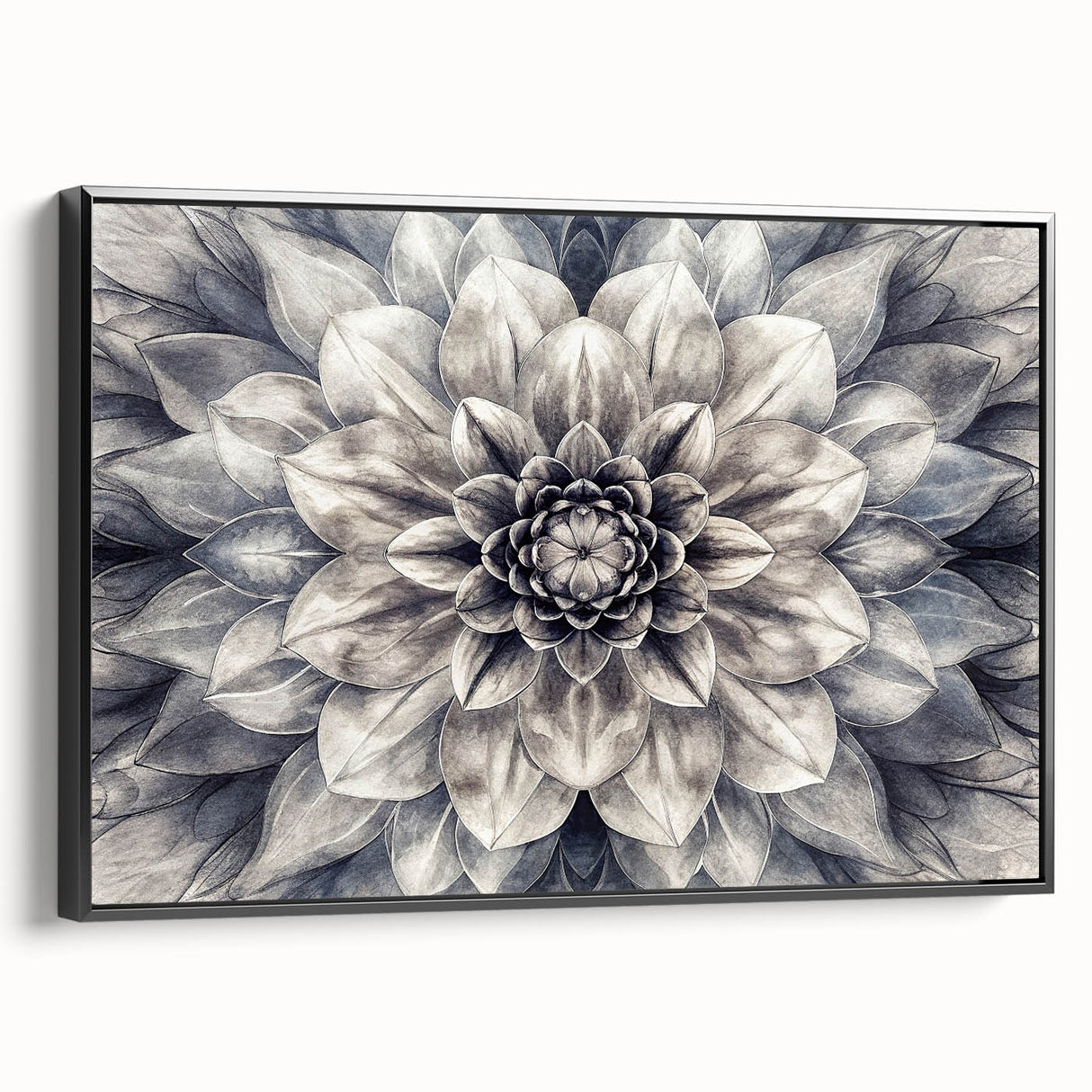Framed botanical wall art featuring a vibrant dahlia design on canvas, displayed in a sleek black frame, highlighting its elegant side view and artistic detail.