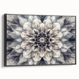 Framed botanical wall art featuring a vibrant dahlia design on canvas, displayed in a sleek black frame, highlighting its elegant side view and artistic detail.