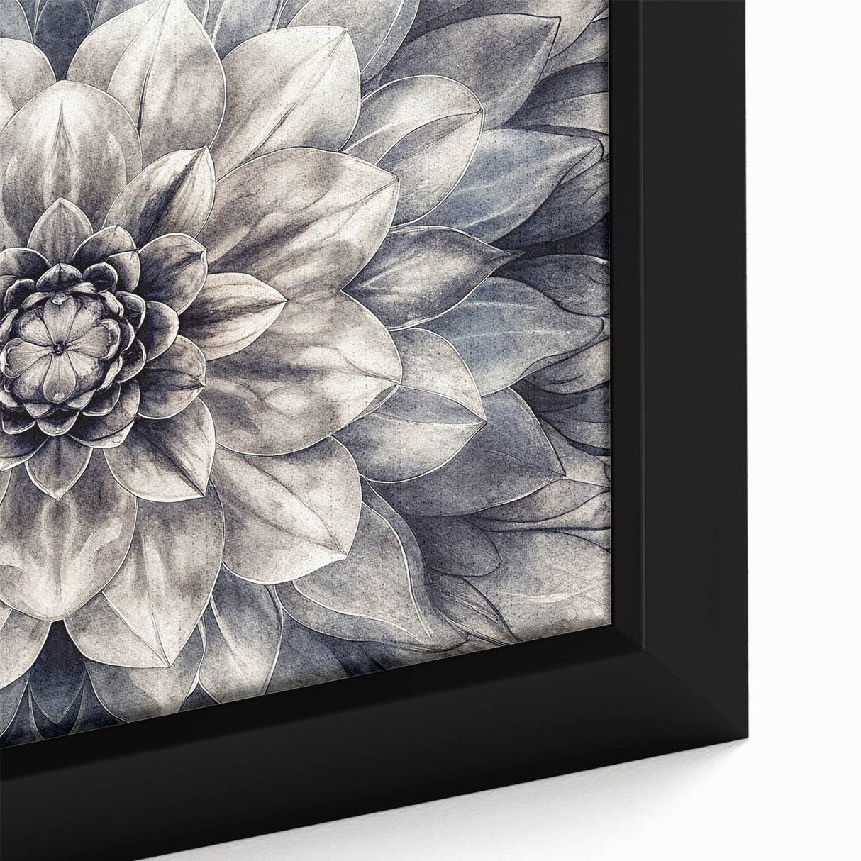 Close-up of a framed botanical wall art piece featuring a vibrant dahlia design, showcasing intricate floral details and rich colors, ideal for home decor.