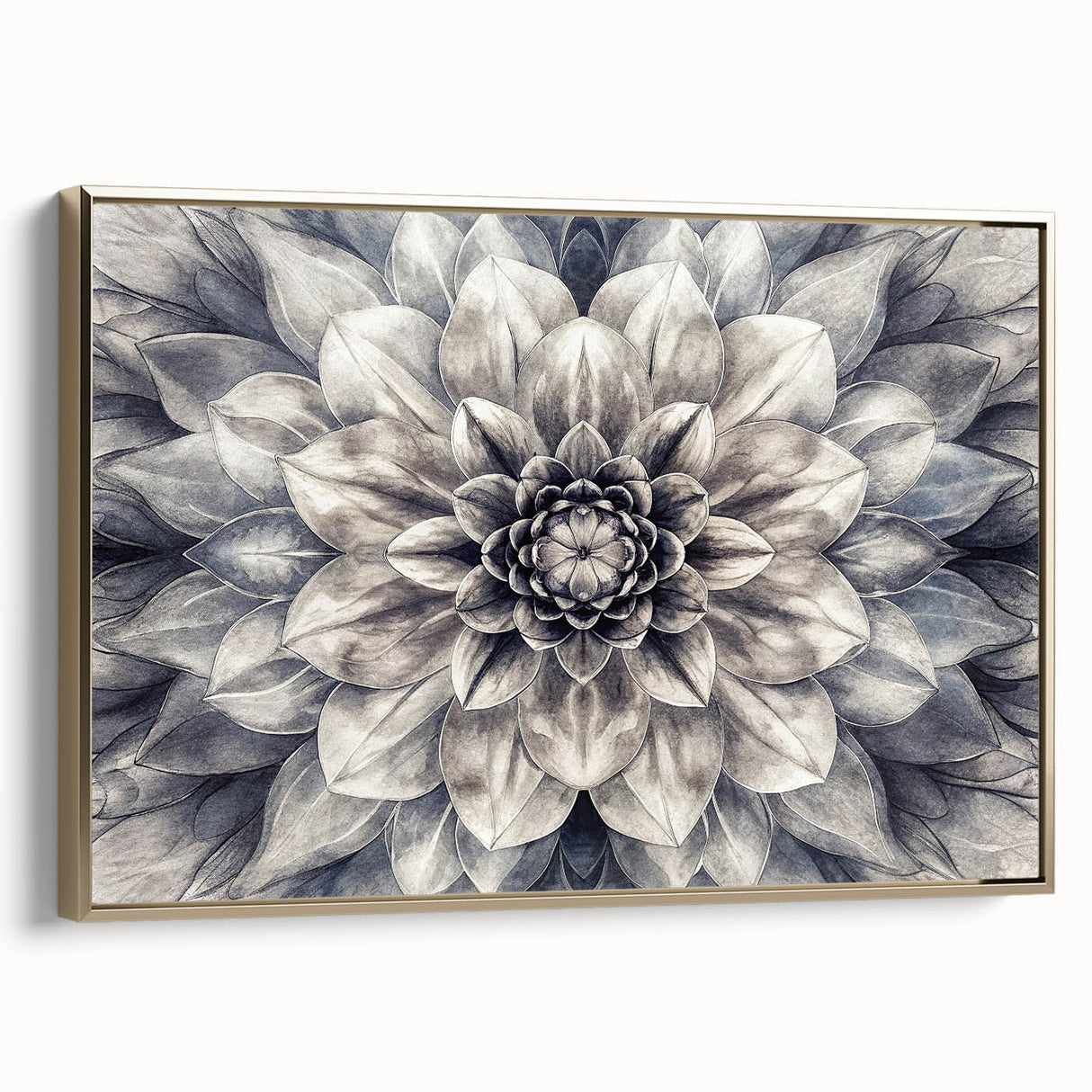 Framed wall art showcasing a botanical dahlia design with vibrant pink and gold hues, elegantly displayed in a stylish frame, perfect for home decor enhancement.