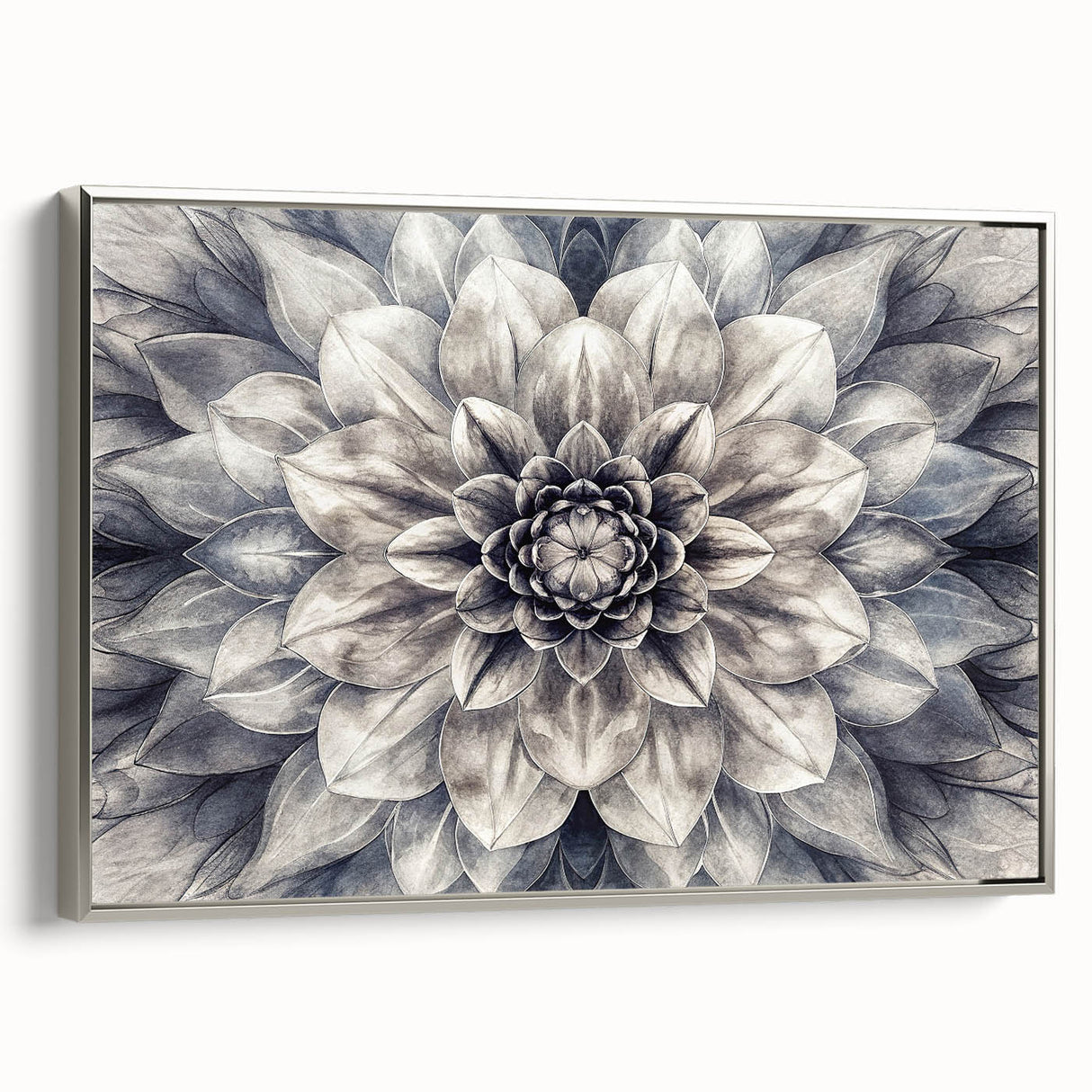 Framed botanical wall art featuring a dahlia design, showcasing vibrant colors and intricate floral details, set against a silver frame for a modern touch.