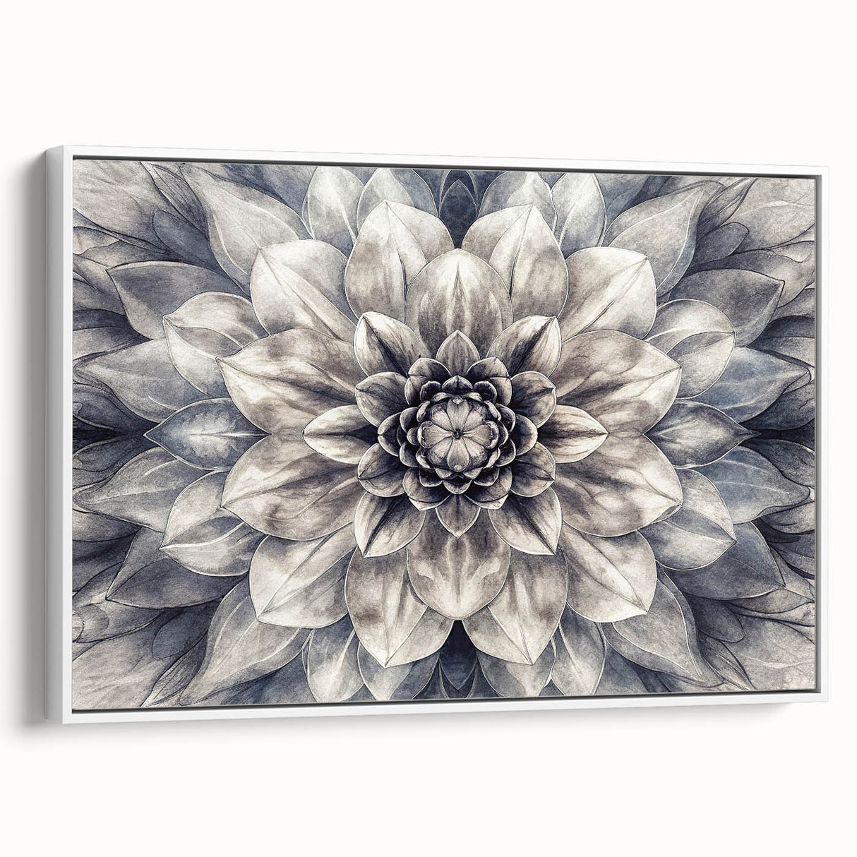 Framed wall art featuring a botanical dahlia design on canvas, showcasing vibrant colors and intricate details, set against a white background for a modern aesthetic.