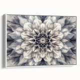 Framed wall art featuring a botanical dahlia design on canvas, showcasing vibrant colors and intricate details, set against a white background for a modern aesthetic.