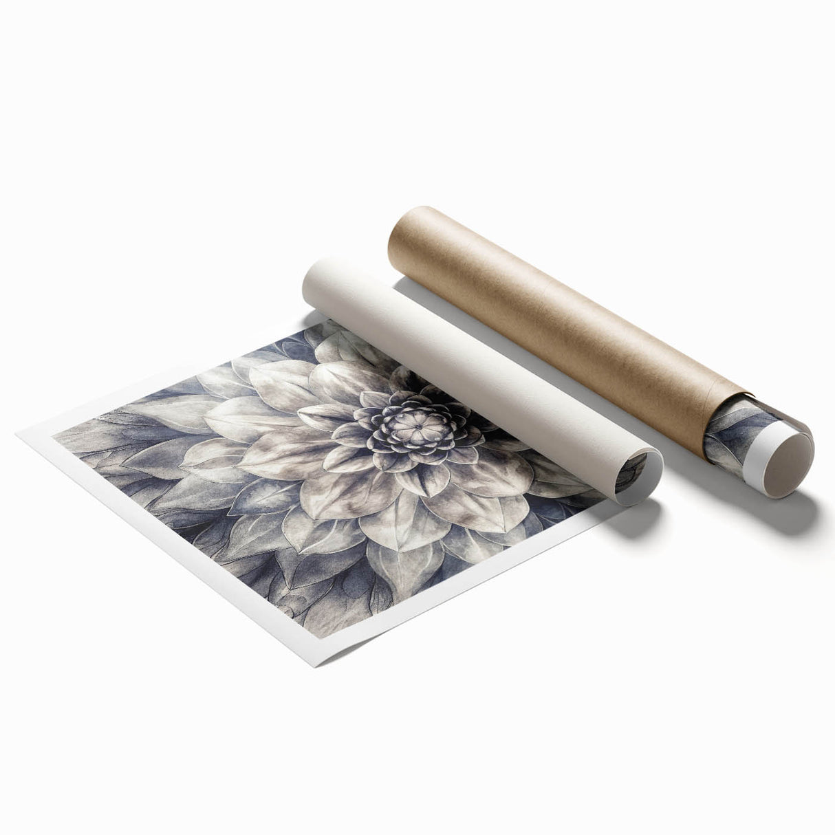 Botanical dahlia design wall art print showcasing vibrant colors and intricate floral details, rolled for easy display, perfect for home decor enthusiasts.