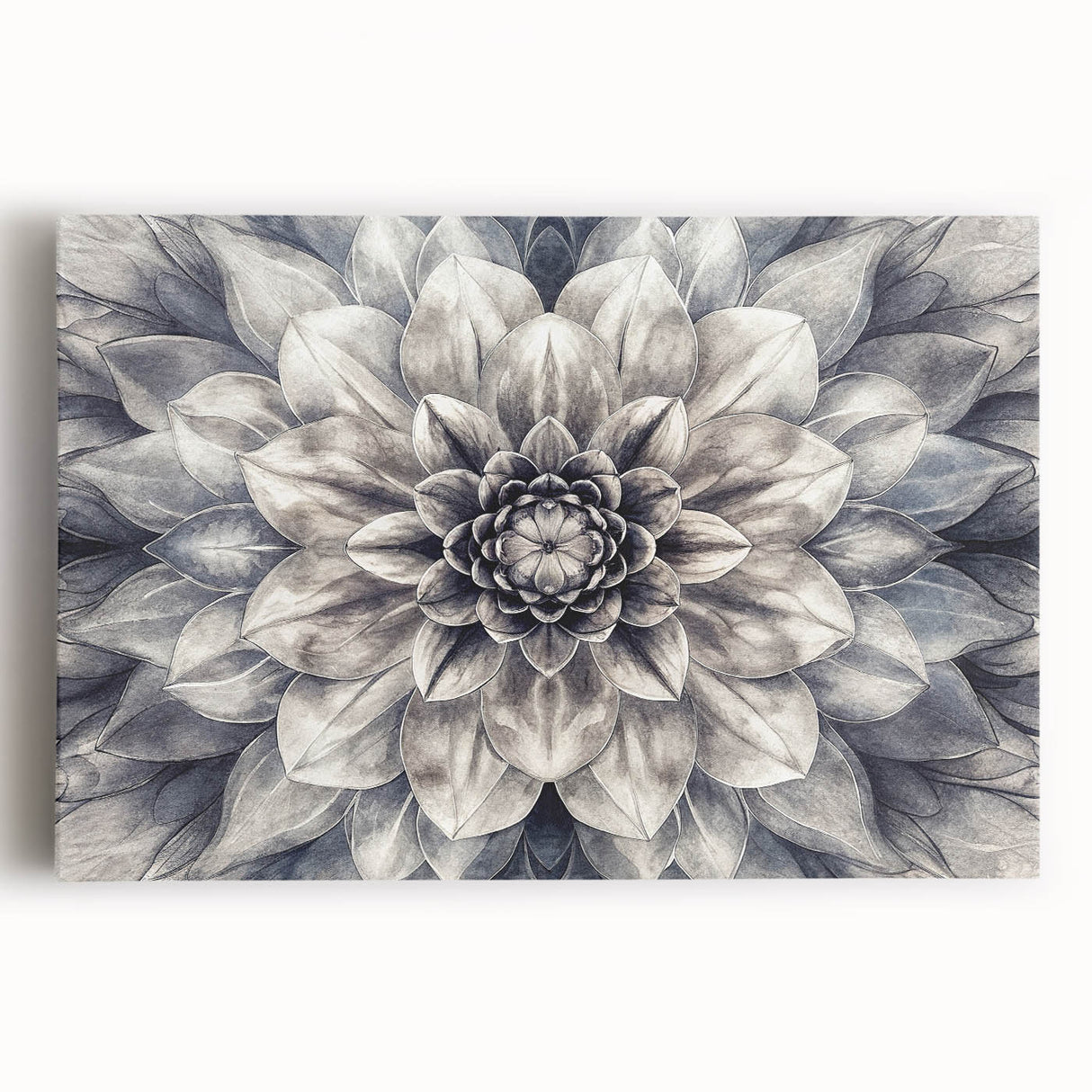 Stretched canvas wall art showcasing a vibrant botanical dahlia design with rich colors, perfect for home decor or floral-themed interior design.