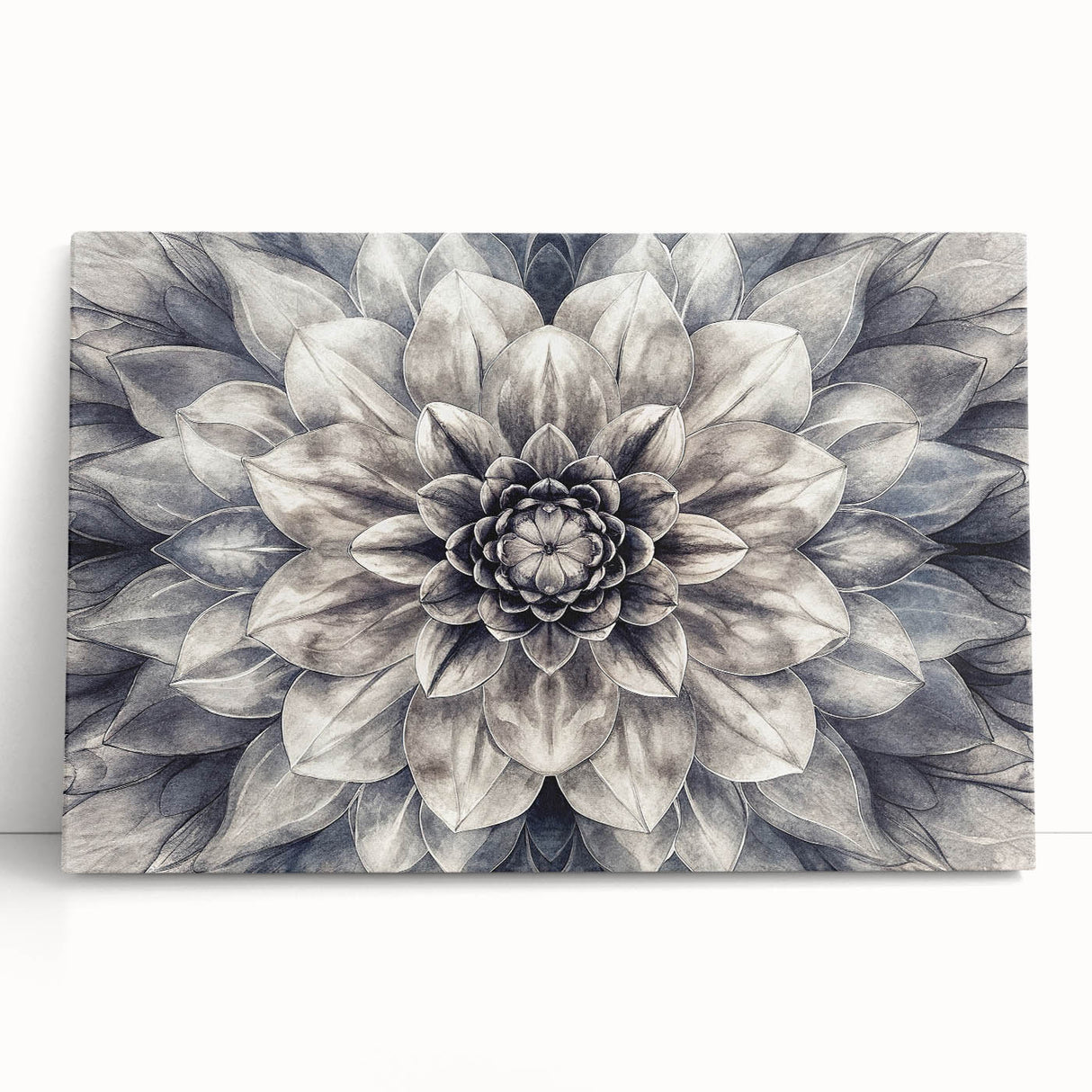 Stretched canvas wall art featuring a vibrant botanical dahlia design in rich colors, perfect for adding a floral touch to home decor settings. The artwork showcases intricate details and textures, making it an ideal centerpiece for any room.