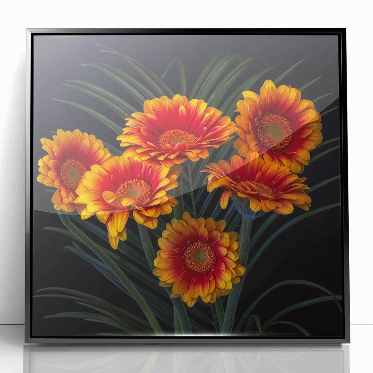 Framed botanical wall art featuring a beautiful daisy design with a sleek black frame, perfect for modern home decor. The vibrant colors and intricate details enhance any living space.