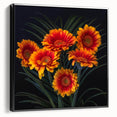 Framed canvas wall art showcasing a botanical daisy design in vibrant colors. The piece features a sleek black frame, ideal for enhancing modern decor.