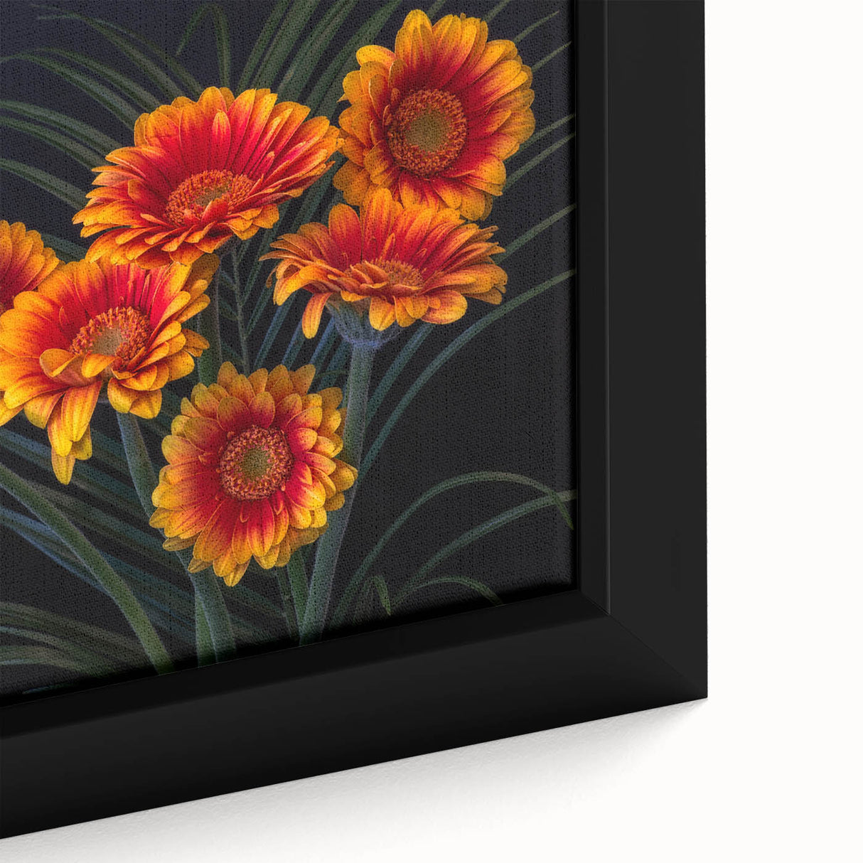 Close-up view of a framed botanical wall art piece showcasing a vibrant daisy design on canvas, featuring intricate details and a modern aesthetic, perfect for home decor.