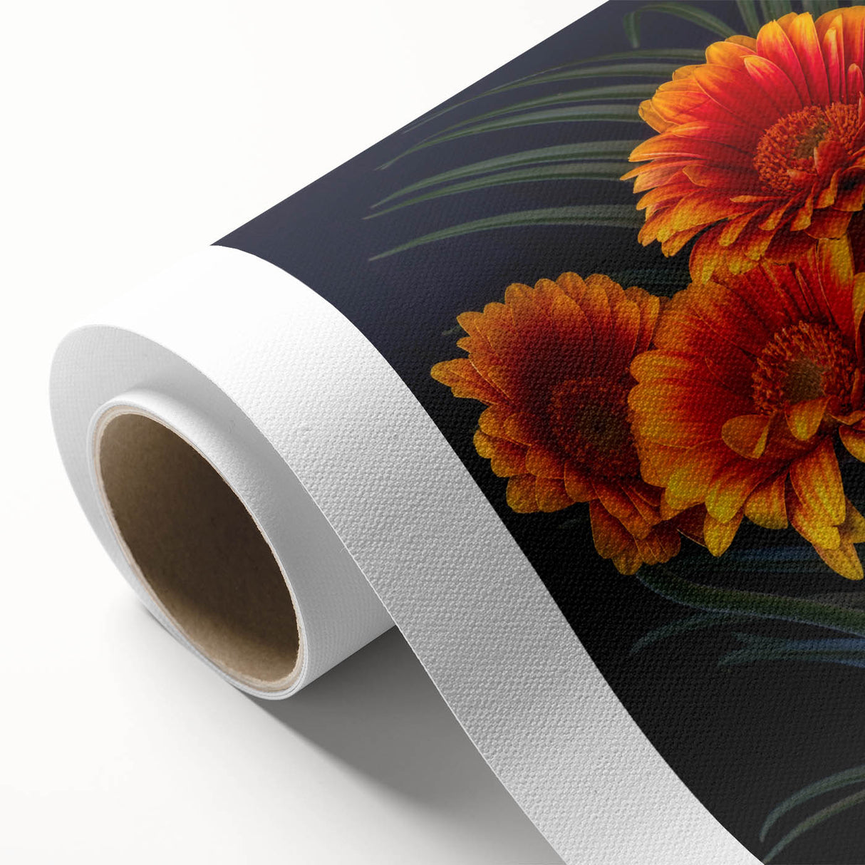 Bright and vibrant rolled canvas featuring a botanical daisy design, perfect for home decor. Ideal for adding a fresh, floral touch to any room, showcasing detailed flowers in a modern style.