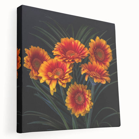 Stretched canvas wall art featuring a botanical daisy design, showcasing vibrant floral details and a modern aesthetic, perfect for home decor enhancement.