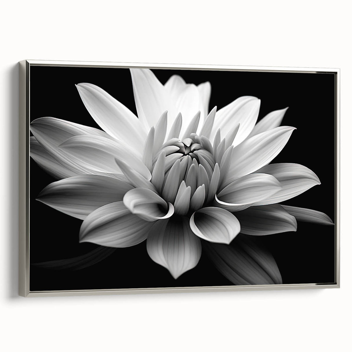 Framed canvas wall art showcasing a charming botanical daisy design in silver, perfect for home decor. Side view highlights the elegant frame and floral details.