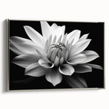 Framed canvas wall art showcasing a charming botanical daisy design in silver, perfect for home decor. Side view highlights the elegant frame and floral details.