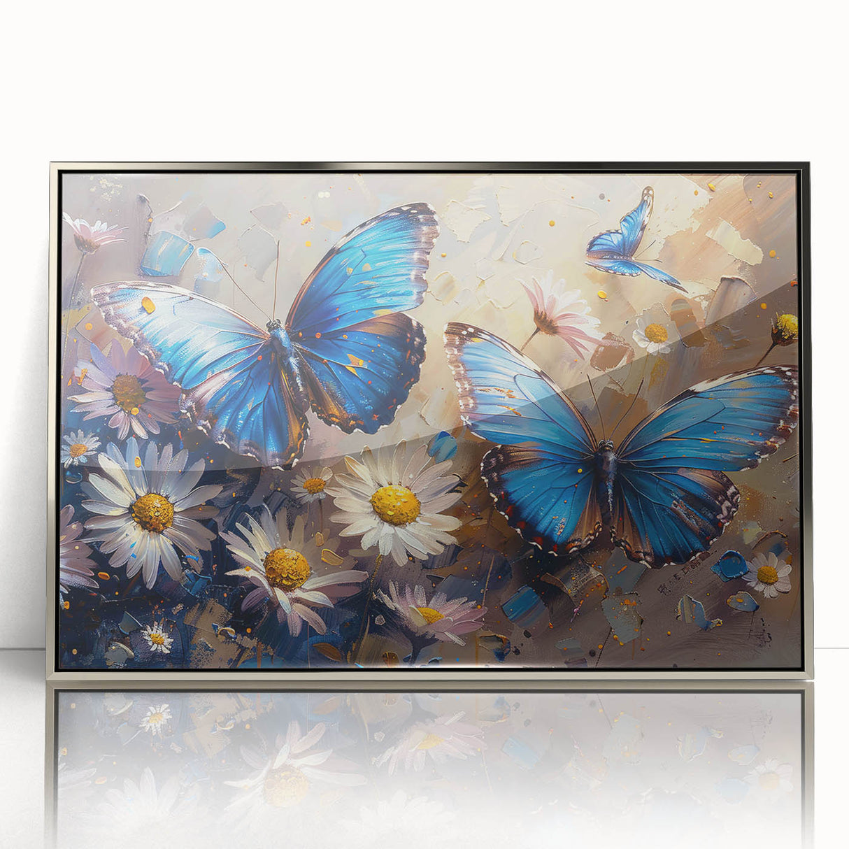 Framed wall art featuring a botanical daisy design on acrylic, showcasing vibrant colors and elegant silver framing, perfect for home decor and floral enthusiasts.