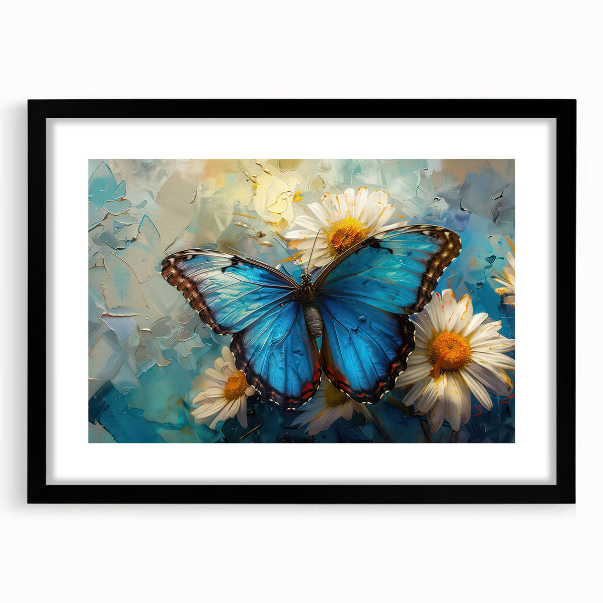 Black-framed wall art featuring a botanical daisy design, showcasing vibrant flowers on a white background, ideal for home decor and enhancing interior aesthetics.